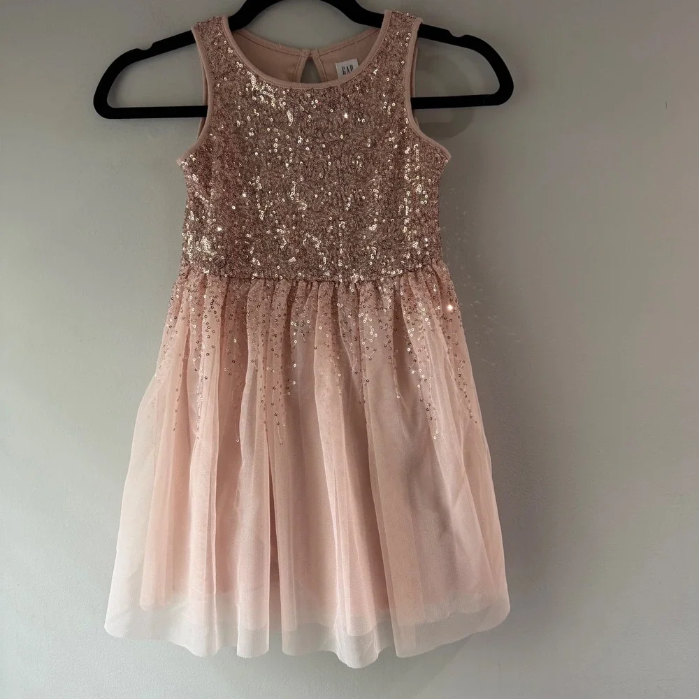 Gap Sequin Tulle Party Dress Girls Small 6-7 Rose Gold Pink Excellent Sleeveless